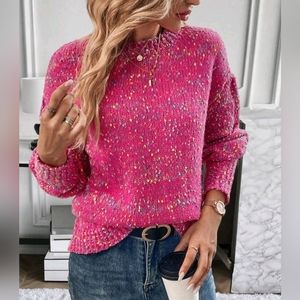 New Boho Confetti Rainbow Knit Sweater Top Pullover Hot Pink Blue Yellow